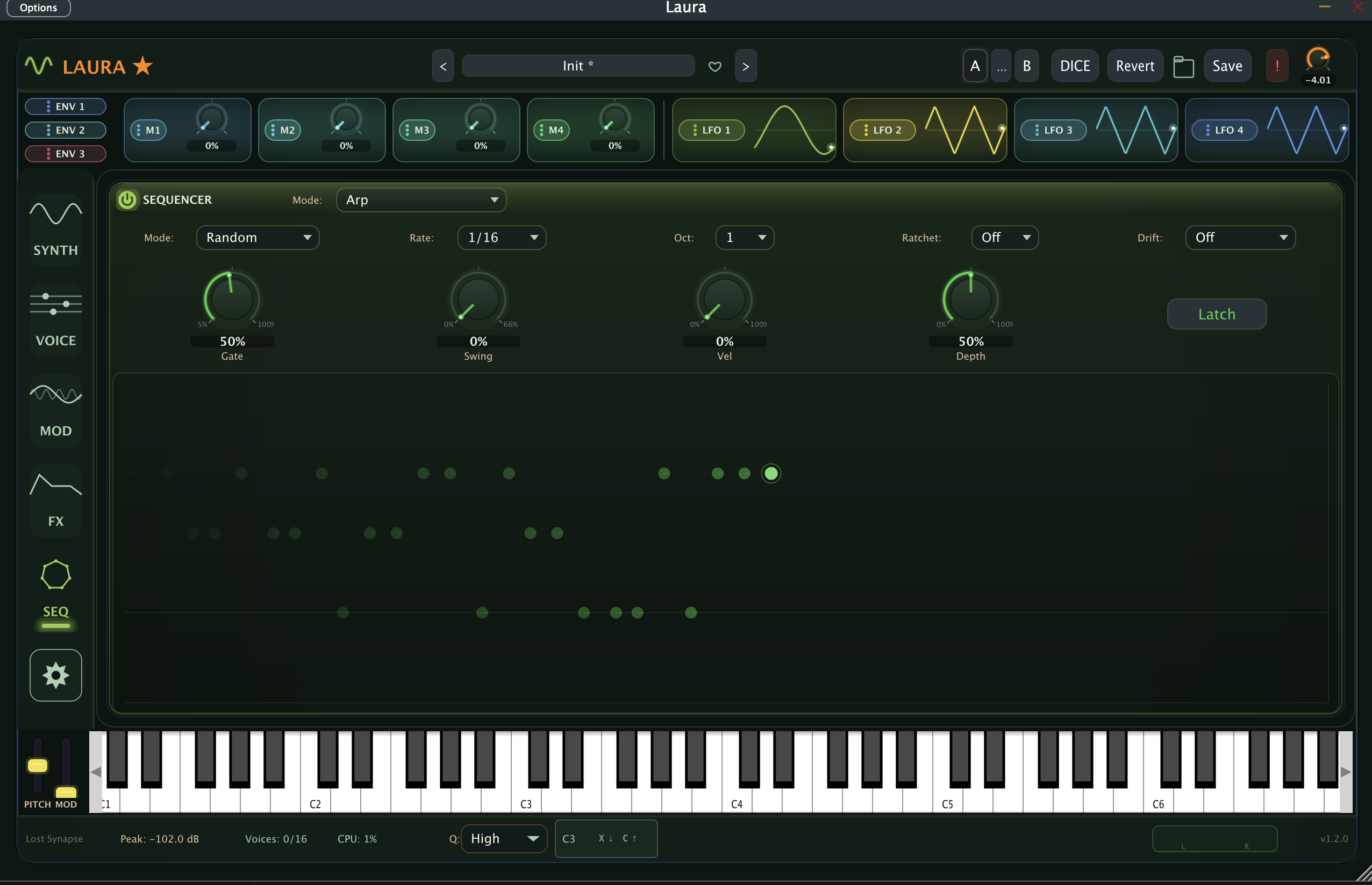 Laura's SEQ panel in Arp mode, showing the Mode, Rate, Octave, Ratchet, and Drift selectors, the Gate, Swing, Vel, and Depth knobs, and the live note trail below.