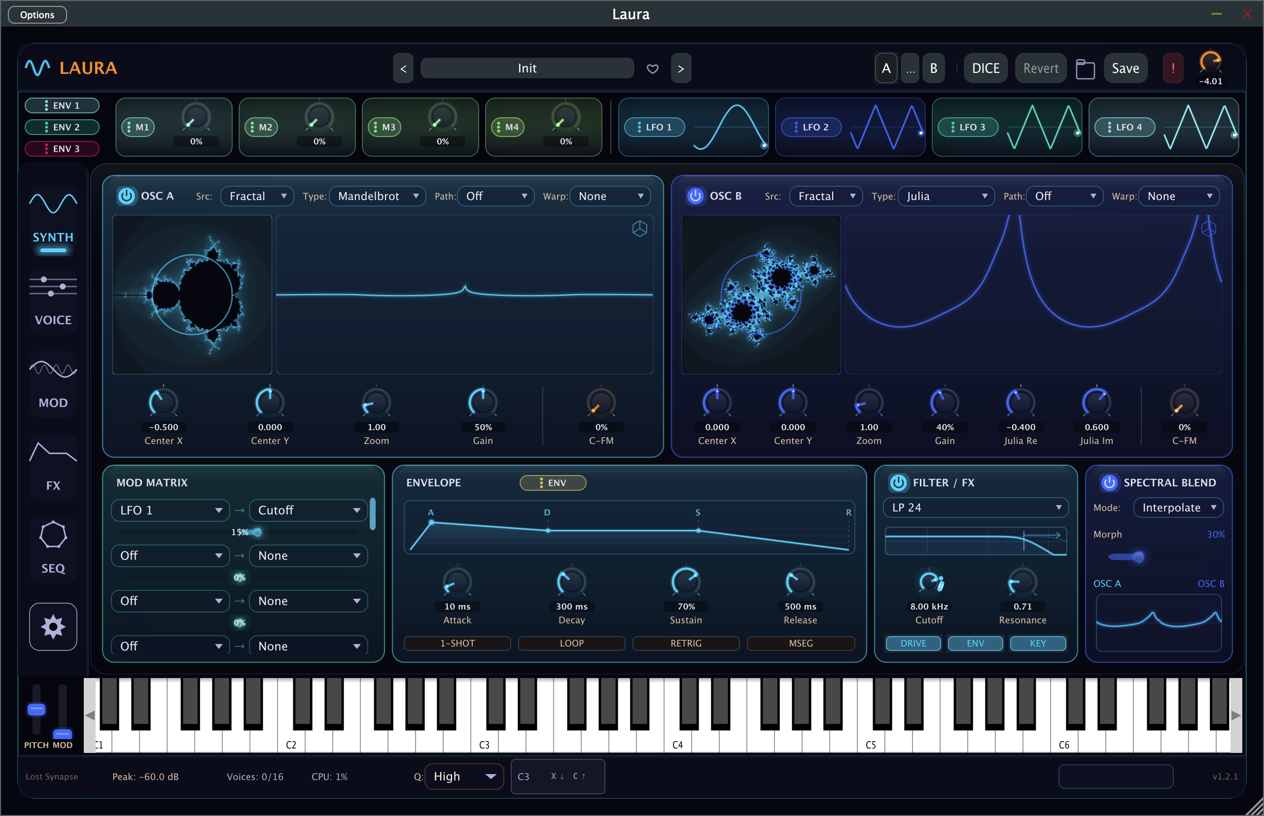 Laura's SYNTH panel recoloured with a custom blue and teal palette, showing the recoloured oscillators, LFO badges, envelope, and filter.