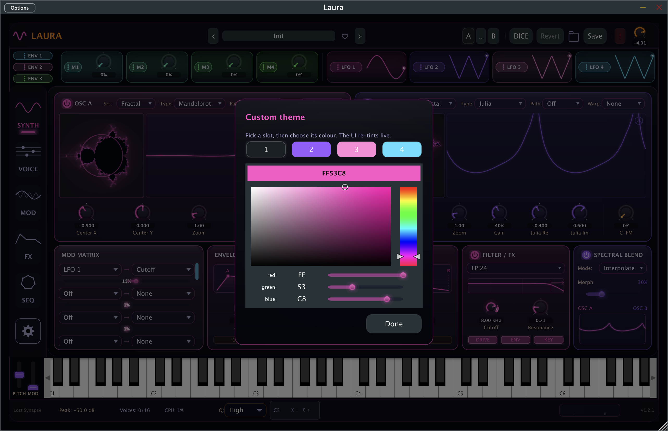 Laura's custom theme editor: four accent slots and a colour picker, with the interface recoloured live behind it in magenta and purple.