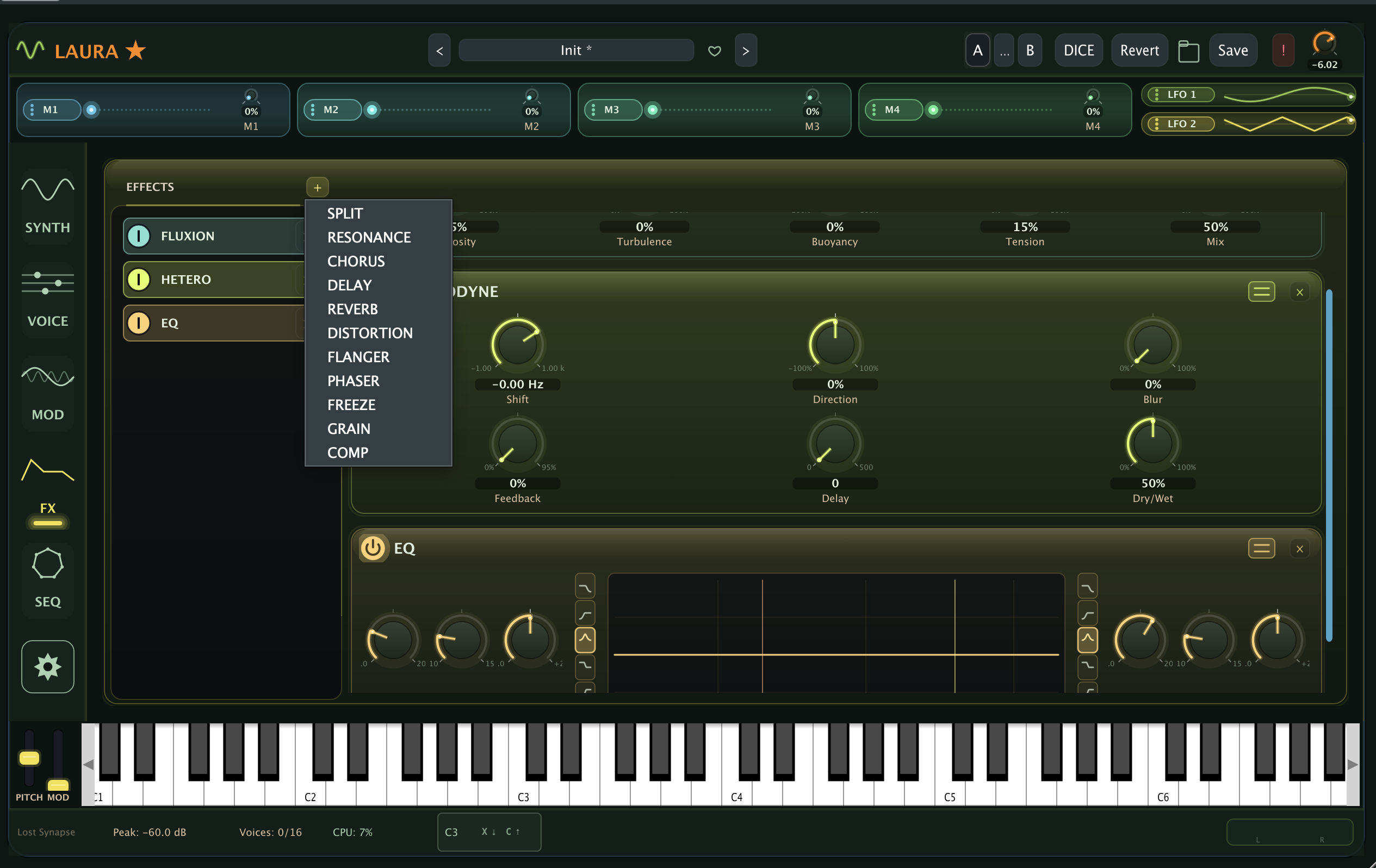 Laura's FX rack panel showing a chain of effect modules in series with bypass and remove controls, alongside the add-module picker that lists all fifteen FX types.
