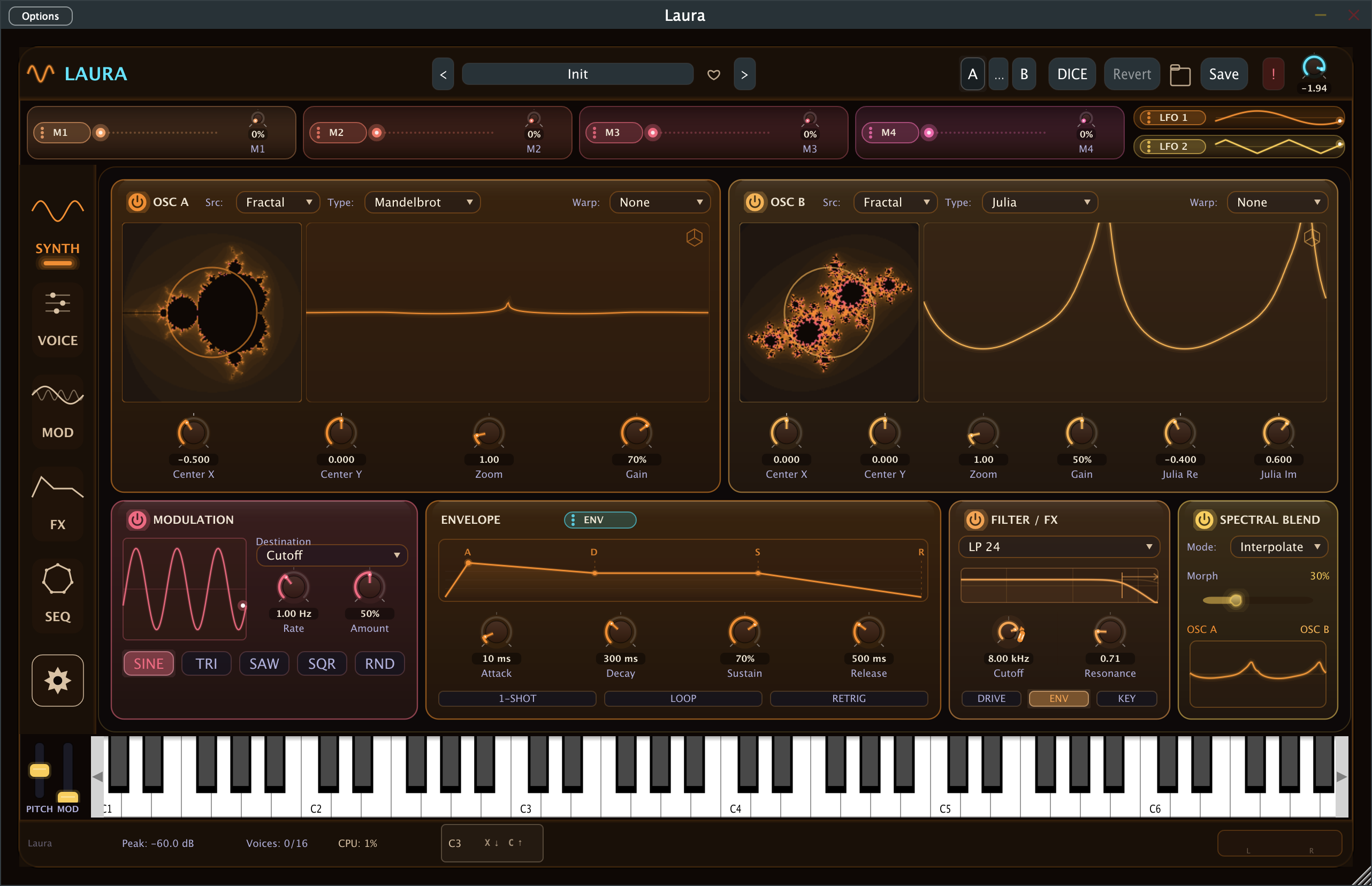 Laura. Fractal oscillators with envelope, modulation matrix, filter and FX panels.