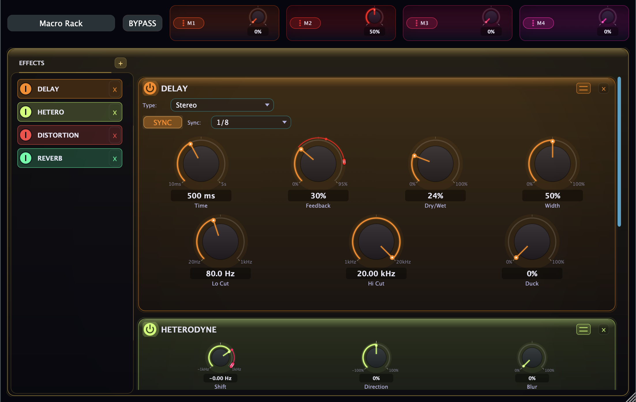 Laura FX with the Macro Rack preset loaded: four macro knobs above a chain of Delay, Hetero, Distortion, and Reverb.