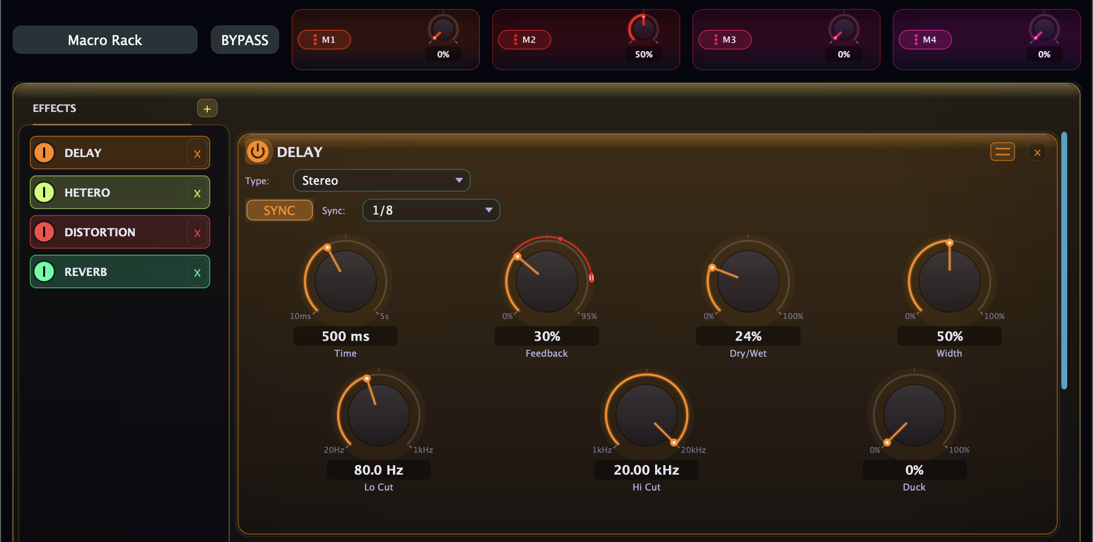 Laura FX macro knobs above the rack, with a macro assigned to the delay feedback knob showing its colored modulation ring.