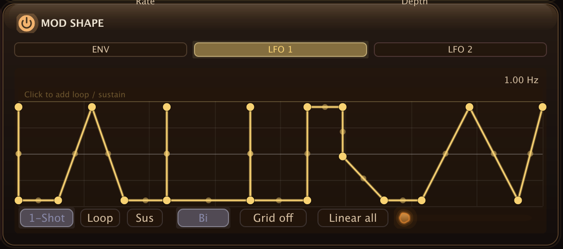 Laura's Mod Shape card showing an LFO tab with a multi segment MSEG curve and the play mode pills along the bottom.