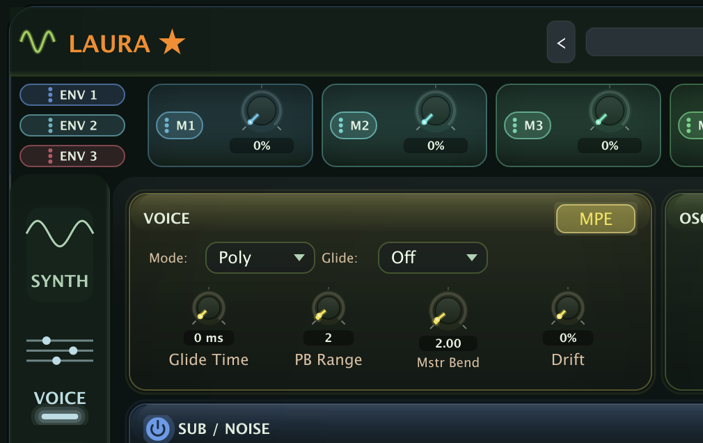 Laura's VOICE panel with the MPE button lit, the voice mode set to Poly, and the Glide Time, PB Range, Mstr Bend, and Drift knobs.