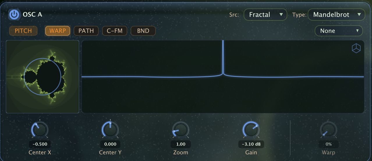 An oscillator card with the tab row under its title: PITCH, WARP, PATH, C-FM and BND, with WARP selected and its mode dropdown at the right of the same row.