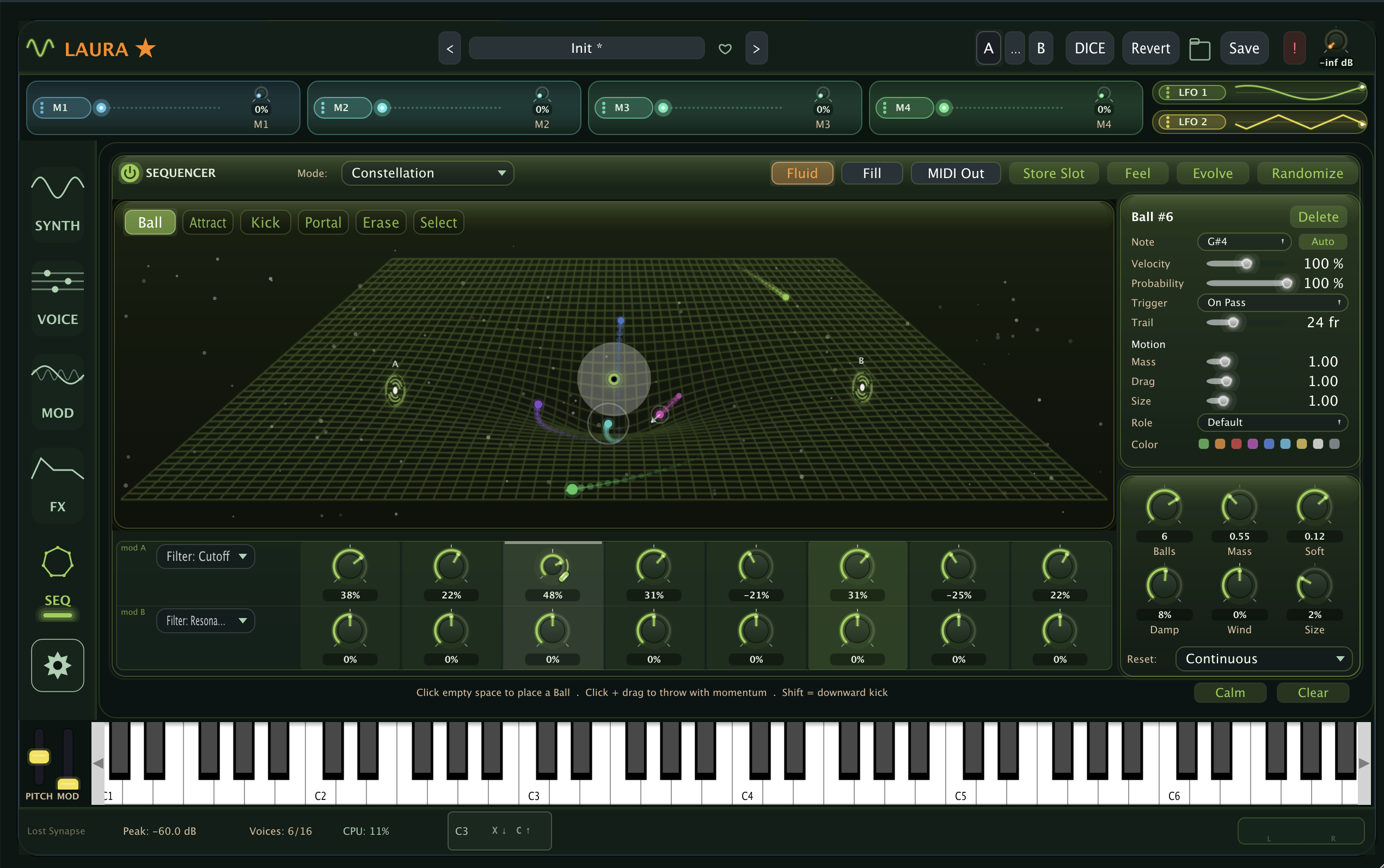 Laura's sequencer in Constellation mode showing a pentagon of orbital attractors, several balls in orbit at different mass scales, and a connected pair of wormhole portals on the canvas.