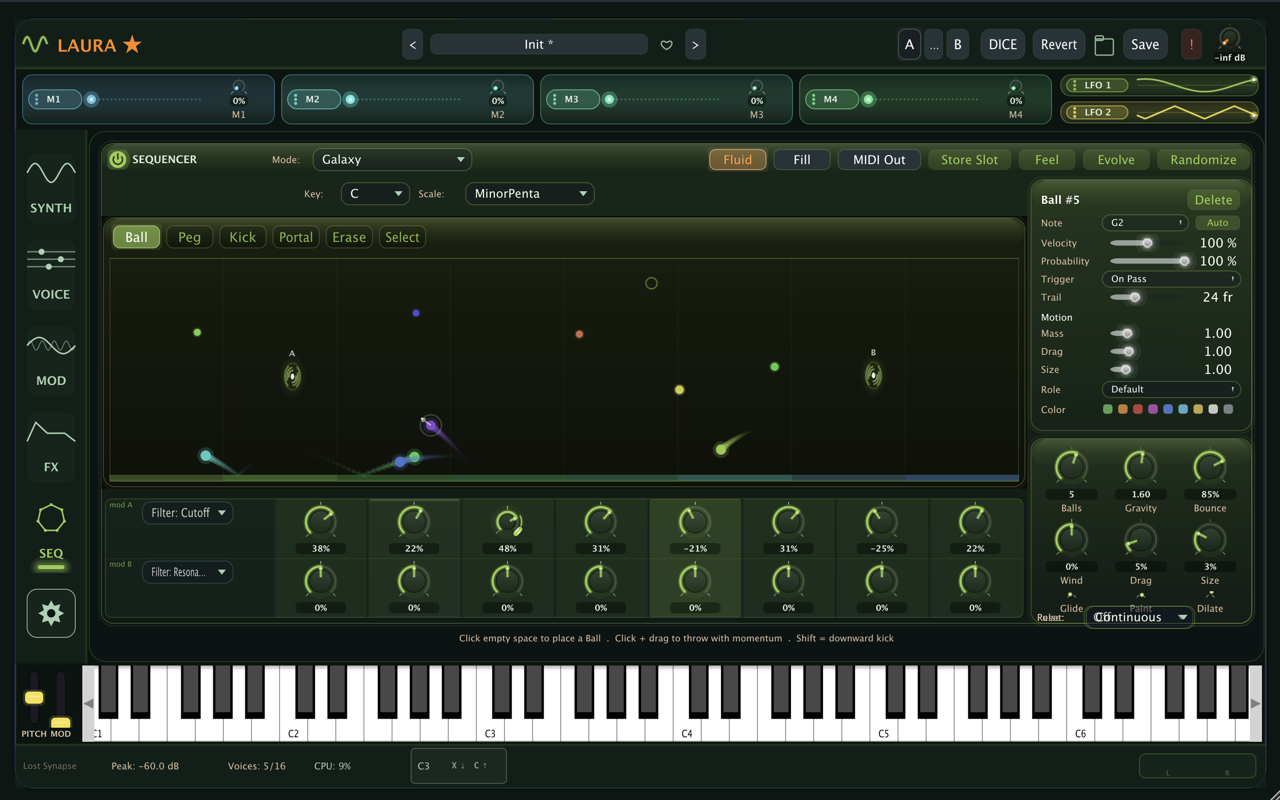 Laura's sequencer in Galaxy mode, showing bouncing balls inside the shape's bounding region with nodes lit as balls cross them.