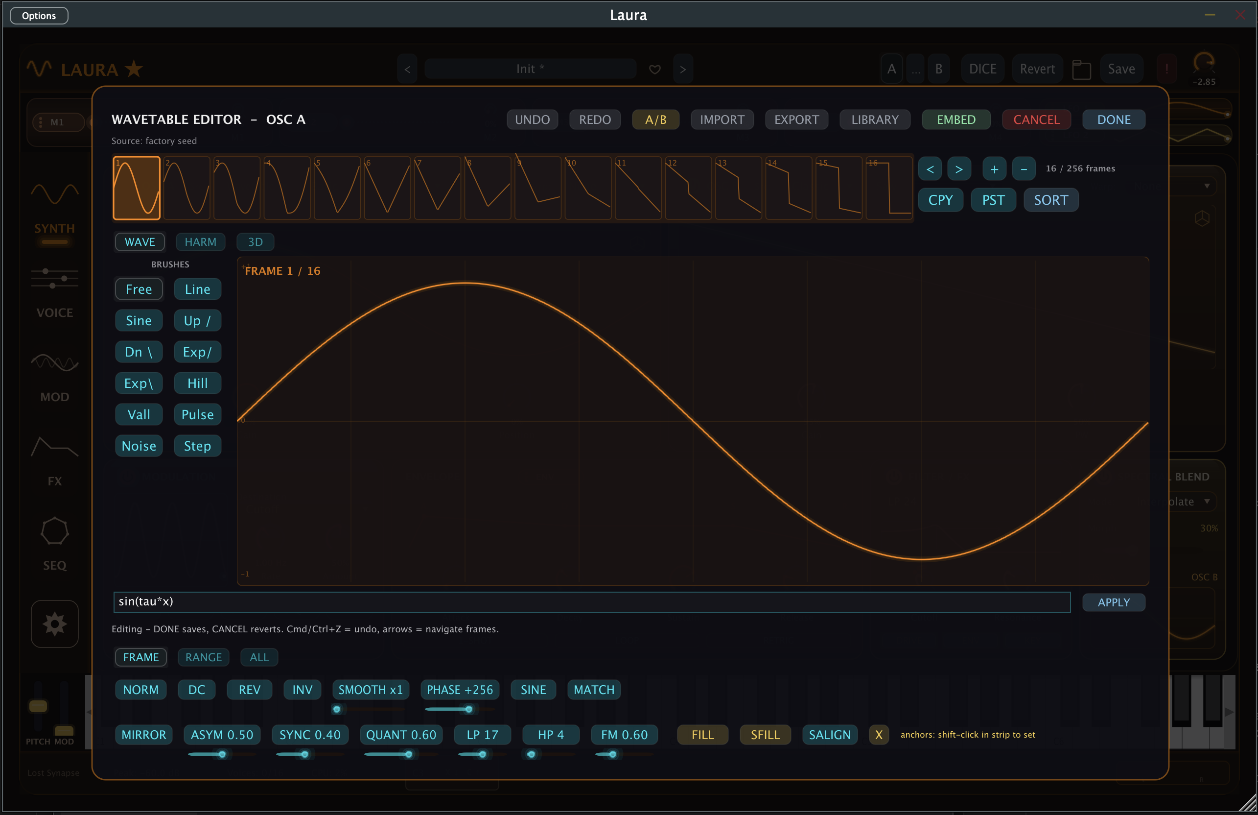 Laura's wavetable editor — 16 of 256 frames, formula box, brushes panel, per-frame operators.